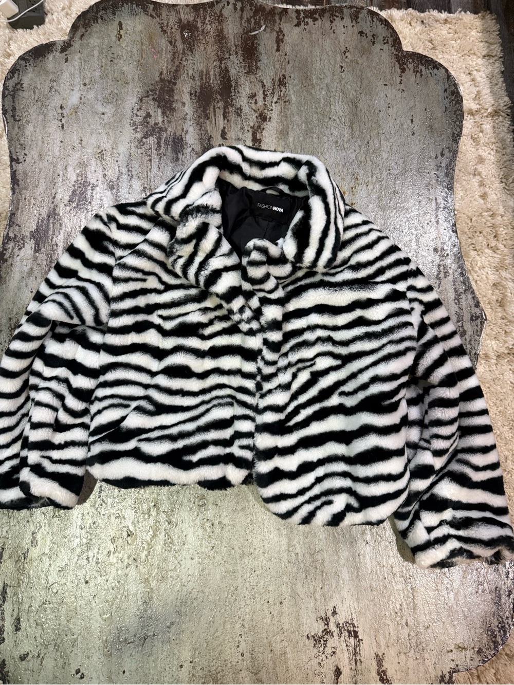 Fashion Nova Black & White Faux Fur Zebra Cropped Jacket
